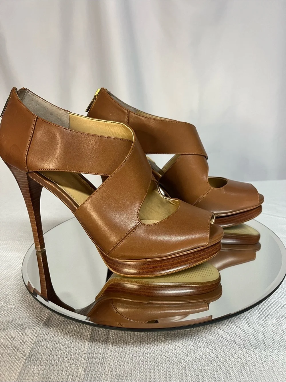Michael Kors Cognac Peekaboo Toe Platform Stilettos with Zipper Back - 9.5M